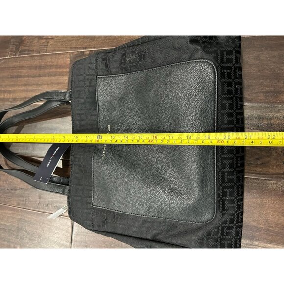 Tommy Hilfiger NWT Black Logo Tote Bag Multiple Compartments Leather Handles - Picture 8 of 11